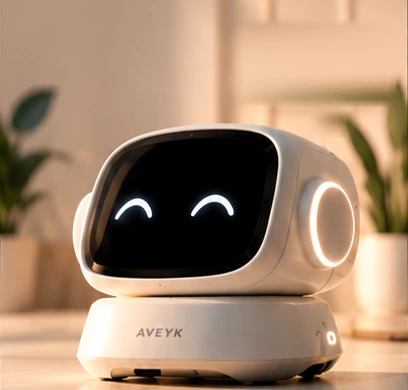 Concept render of the AVEYK Desktop Robot smiling on a warm-lit desk, plants behind it.