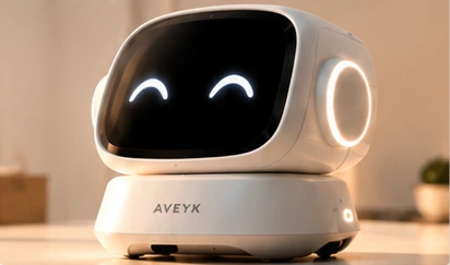 Concept render of the AVEYK Desktop Robot from the front, with glowing ring ears.