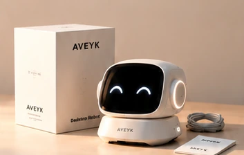 Concept render of the AVEYK Desktop Robot next to an AVEYK packaging box.