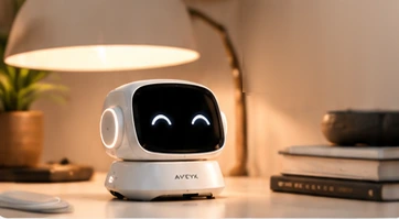 Concept render of the AVEYK Desktop Robot on a desk under a warm lamp.