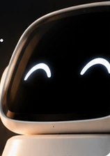 Close-up concept render of the robot's smiling display in a dark room.