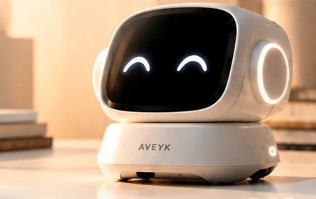 Concept render of the AVEYK Desktop Robot: a white robot with a dark rounded display showing smiling eyes, on a warm-lit desk.